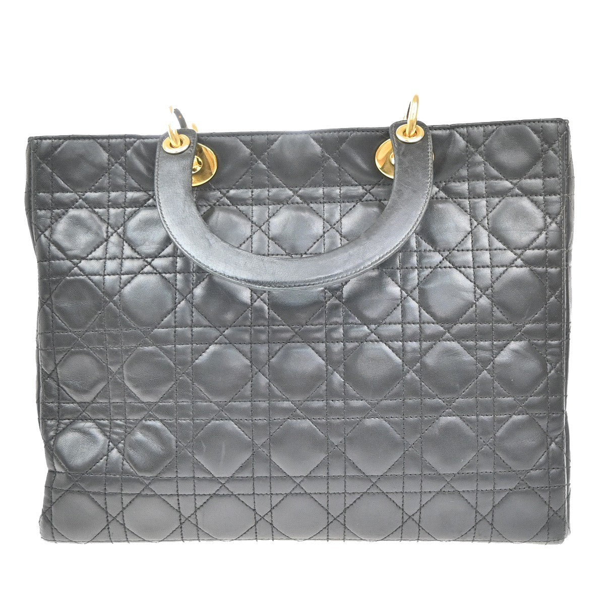 CHRISTIAN DIOR Lady Cannage Hand Tote Bag Leather Black Gold Italy 46RF672