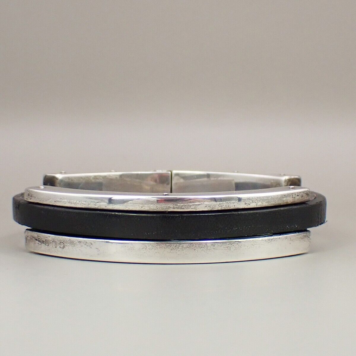 GUCCI Logo Bangle Bracelet Silver 925 Leather SHW Black Italy Accessory 01EB465
