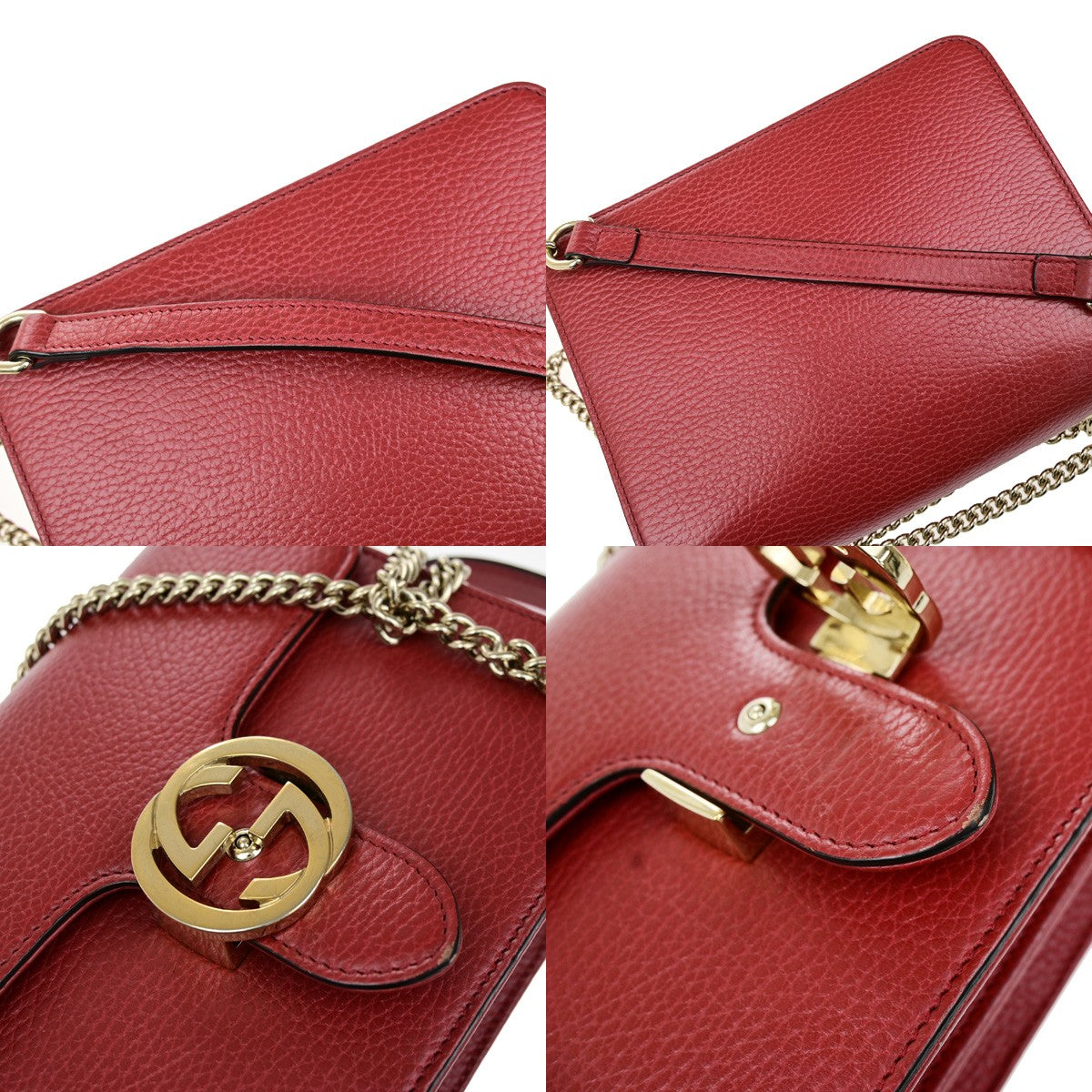 GUCCI Logo Interlocking G Chain Mini Shoulder Bag Leather Red GHW Italy 14YH072