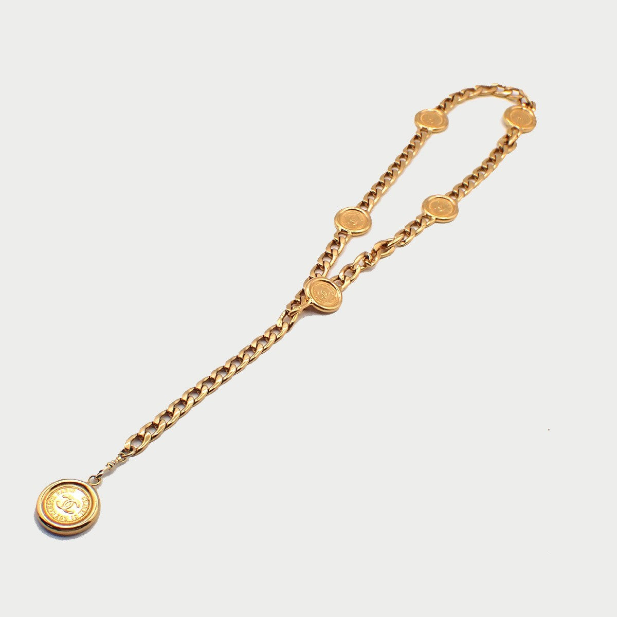CHANEL CC Logo 31 Rue Cambon Coin Metallion Chain Belt Gold Vintage 95RL989