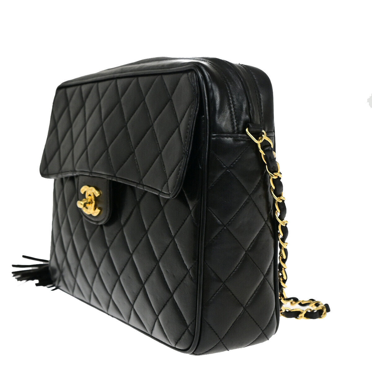 CHANEL CC Matelasse Tassel Chain Shoulder Bag Leather GHW BK Vintage 328RJ942