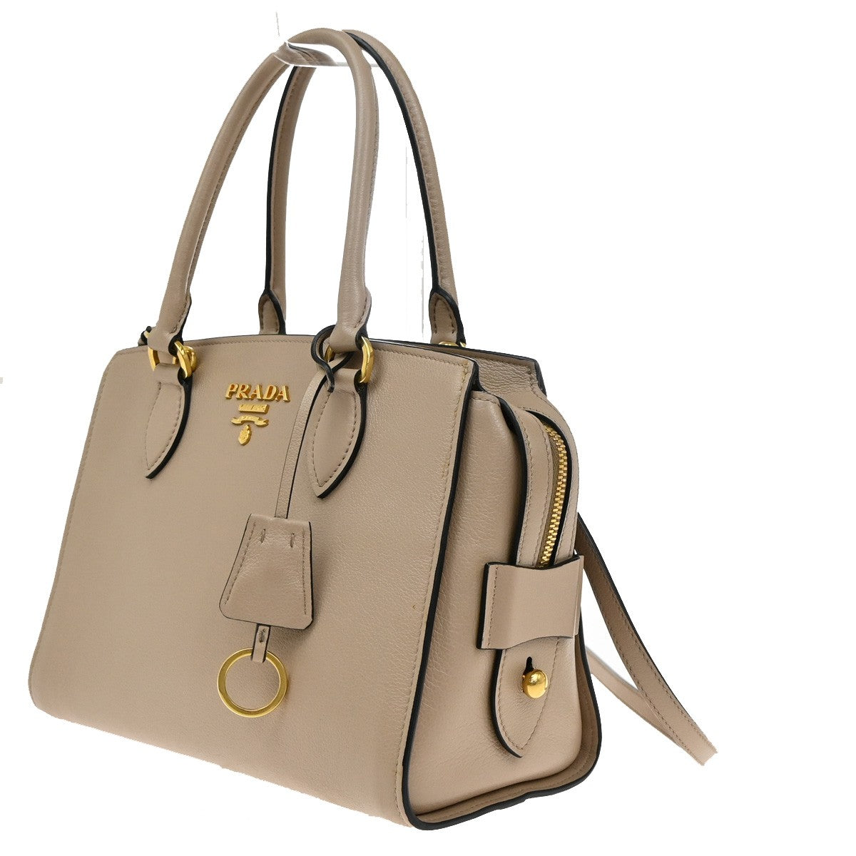 PRADA Logo 2Way Shoulder Hand Bag Leather Charm Beige GHW 636KB360