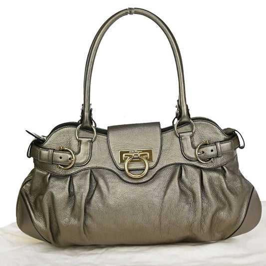 SALVATORE FERRAGAMO Logo Marisa Gancini Shoulder Bag Leather Gray Italy 69SG692