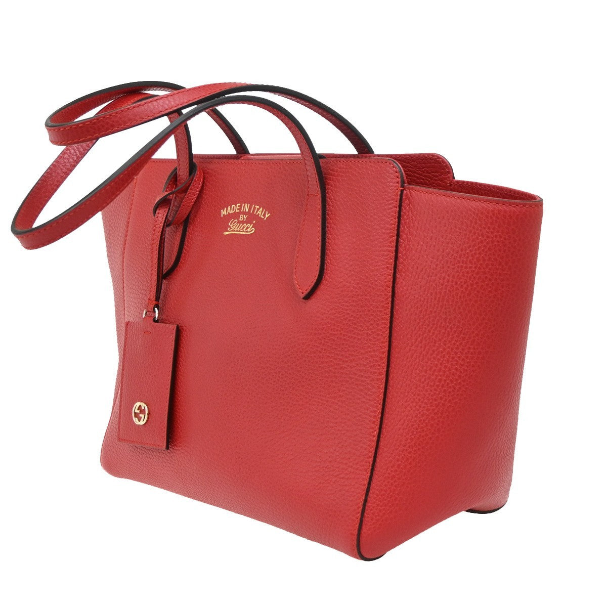 GUCCI Logo Swing Tote Shoulder Bag Pebbled Leather Red GHW Itlay 16KB765