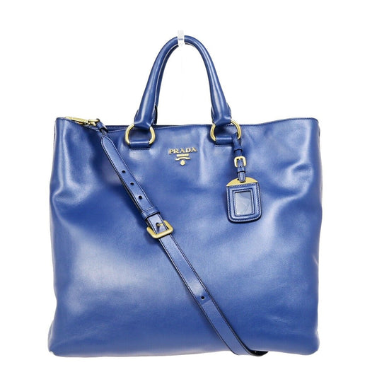 PRADA MILNO Logo 2Way Shoulder Tote Bag Leather Blue Gold-Plated 70EB366