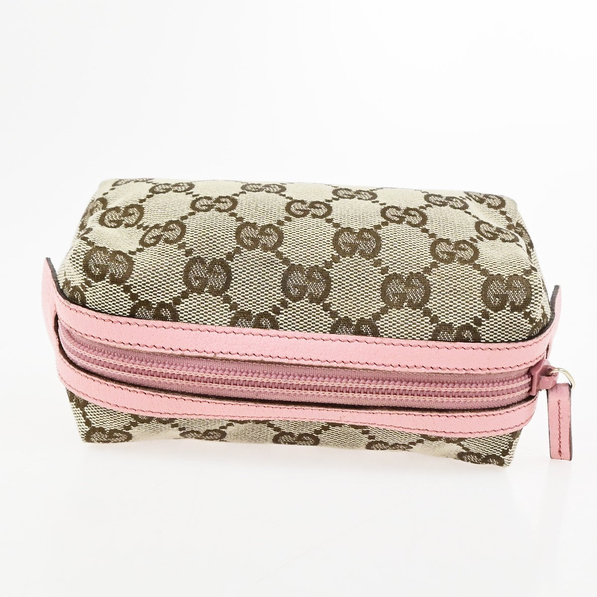 GUCCI Logo GG Pattern Cosmetic Pouch Canvas Leather Brown Pink GHW Italy 67YJ275