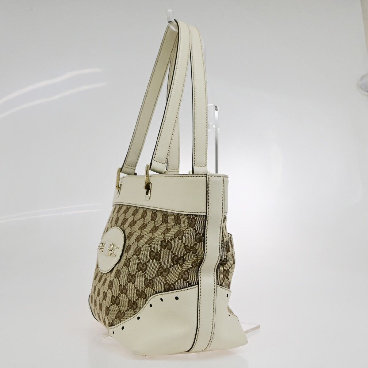 GUCCI Logo GG Pattern Shoulder Bag Canvas Leather Brown White GHW 76EE101