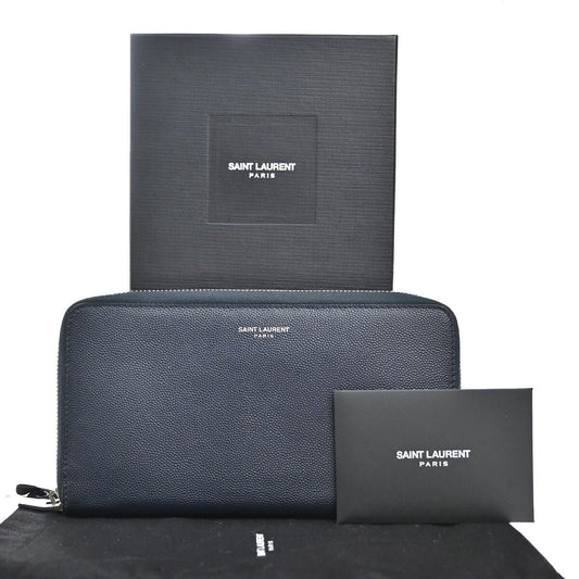 SAINT LAURENT Logo Zipper Around Long Wallet Leather Navy Blue SHW 64EE469