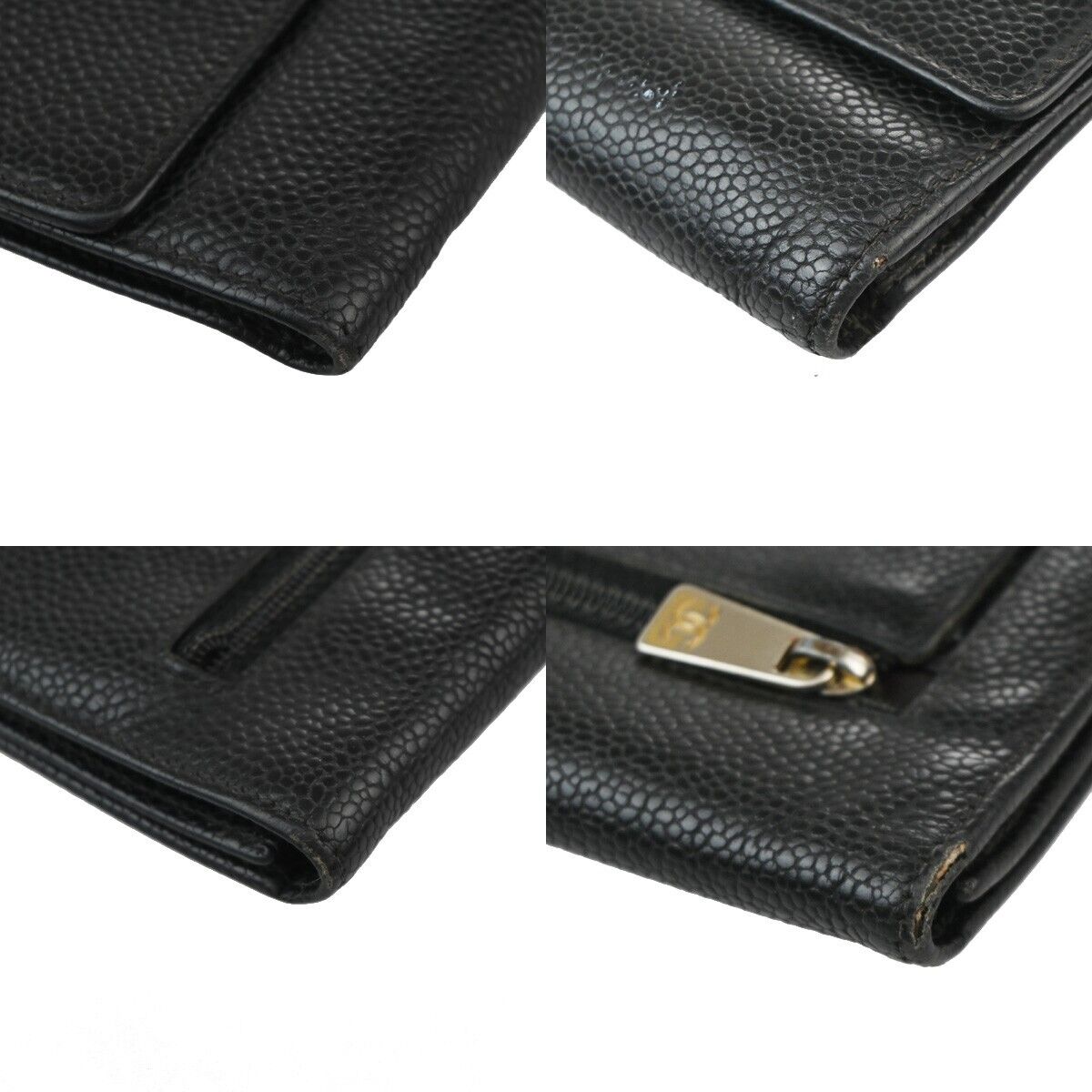 CHANEL CC Logo Trifold Wallet Purse Caviar Skin Leather Black GHW 02EA898
