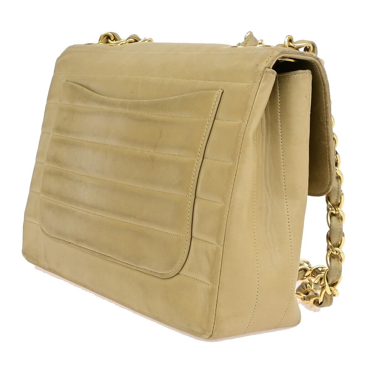 CHANEL CC Horizontal Stitch 30 Chain Shoulder Bag Leather Beige Vintage 653RF229