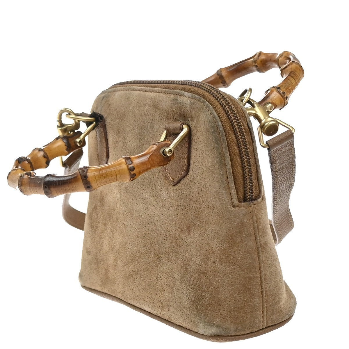 GUCCI Logo Bamboo 2Way Mini Shoulder Hand Bag Suede Leather Brown GHW 62EG353