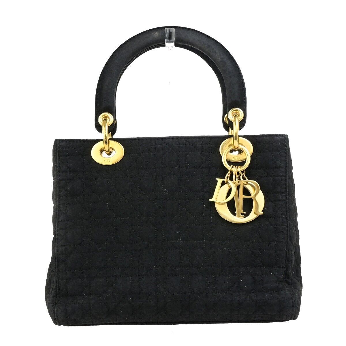 CHRISTIAN DIOR Logo Lady Cannage Hand Bag Canvas Leather Black GHW Italy 73ED175