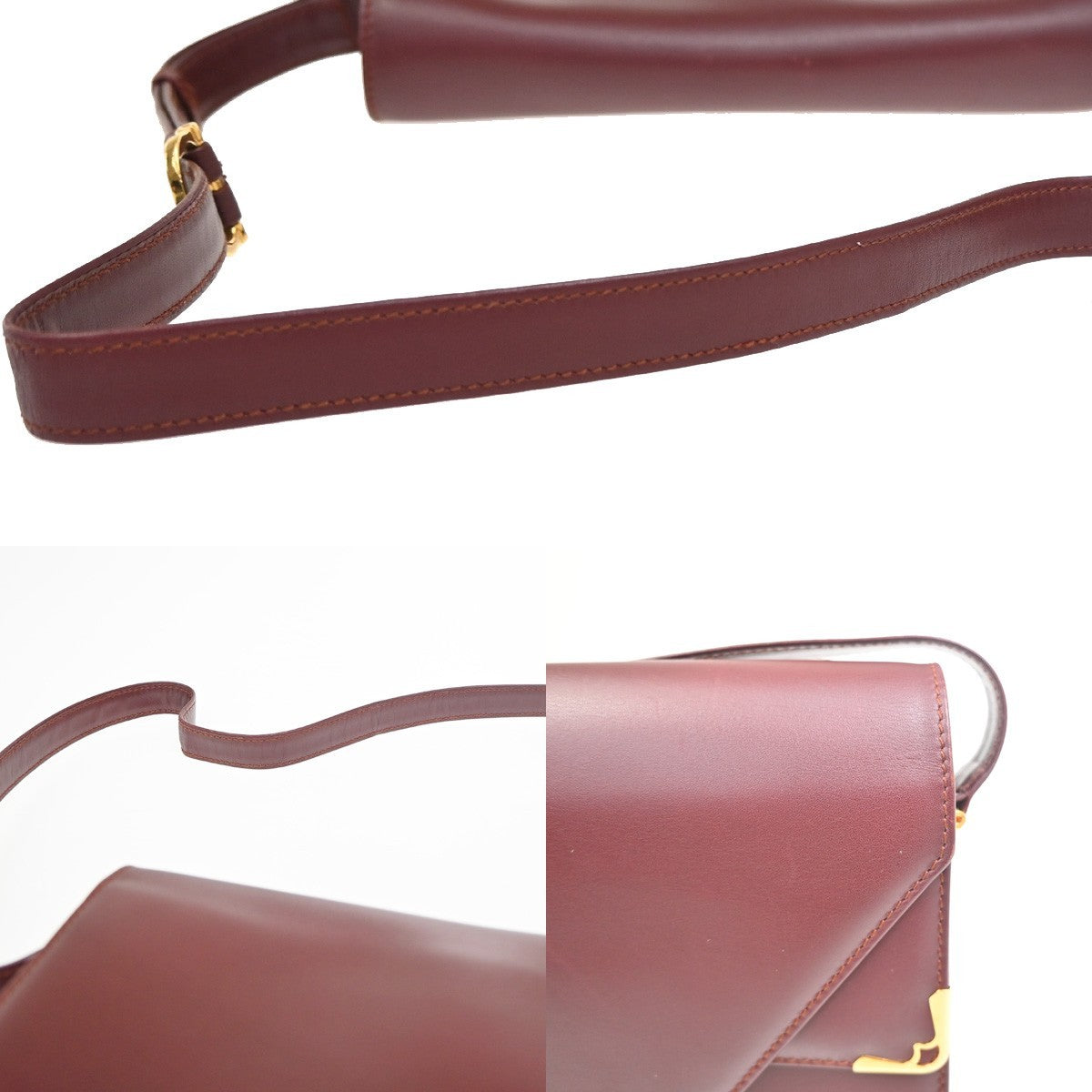 MUST DE CARTIER 2C Logo Two Flap Shoulder Bag Leather Bordeaux GHW Spain 37ZA278