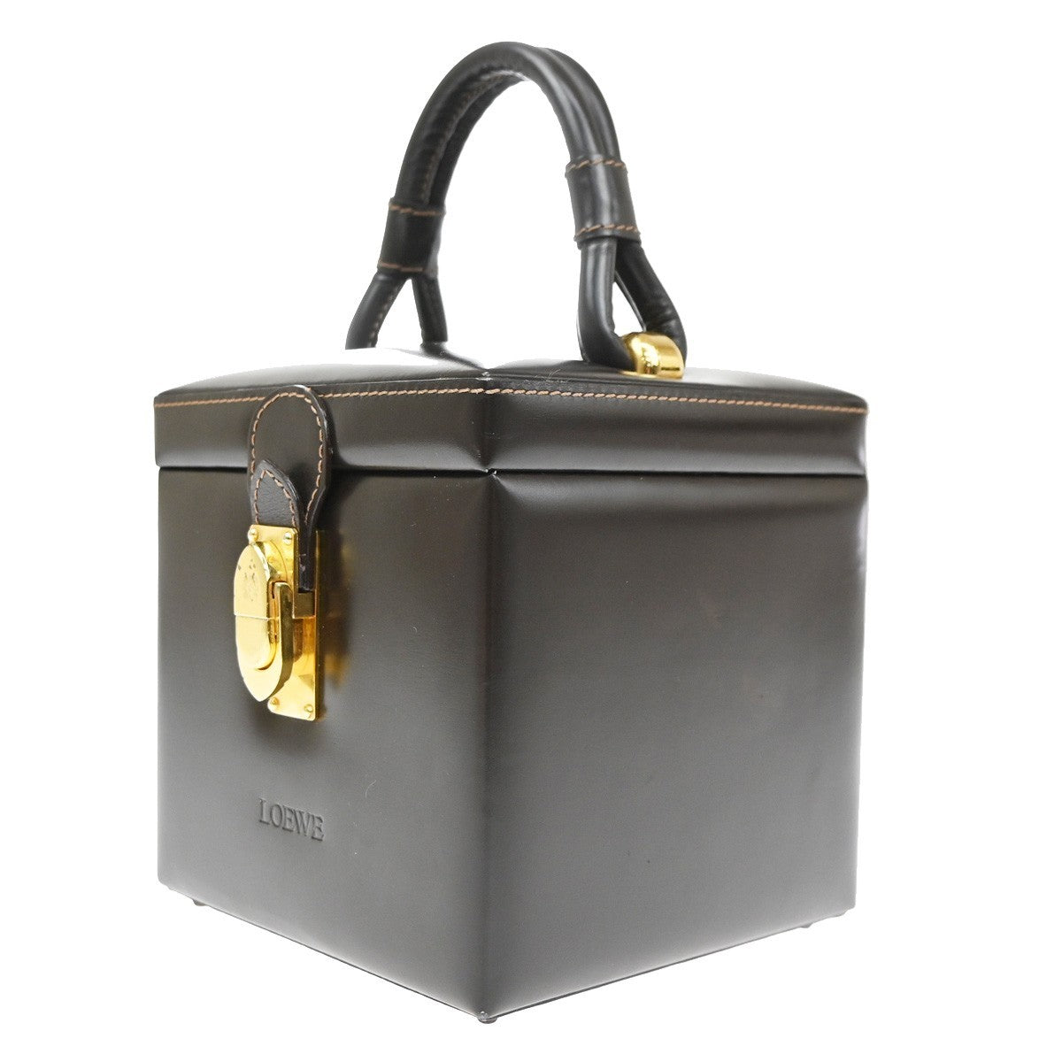 LOEWE Logo Square vanity Handbag Leather GHW Brown Spain 96TA699