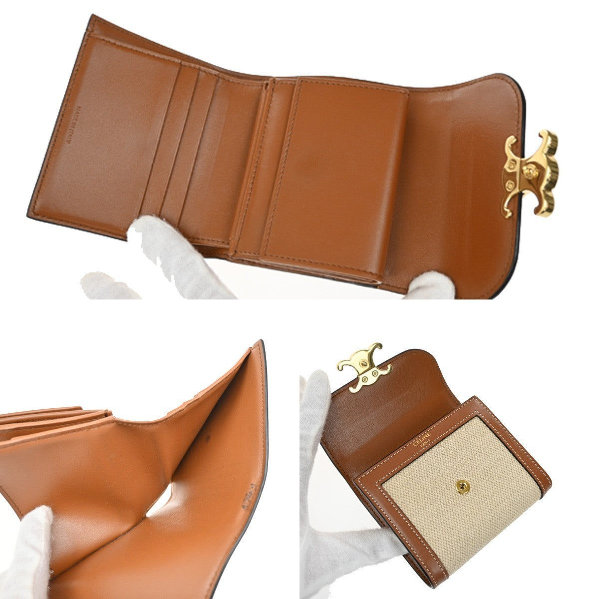 CELINE Triomphe Small Trifold Wallet Purse Canvas Leather Brown BE GHW 87RL411