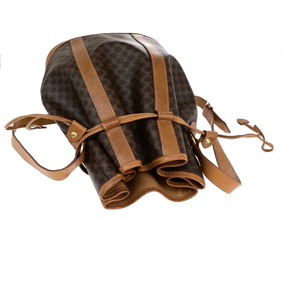 CELINE Logo Macadam Pattern Drawstring Shoulder Bag PVC Leather Brown 69HB986