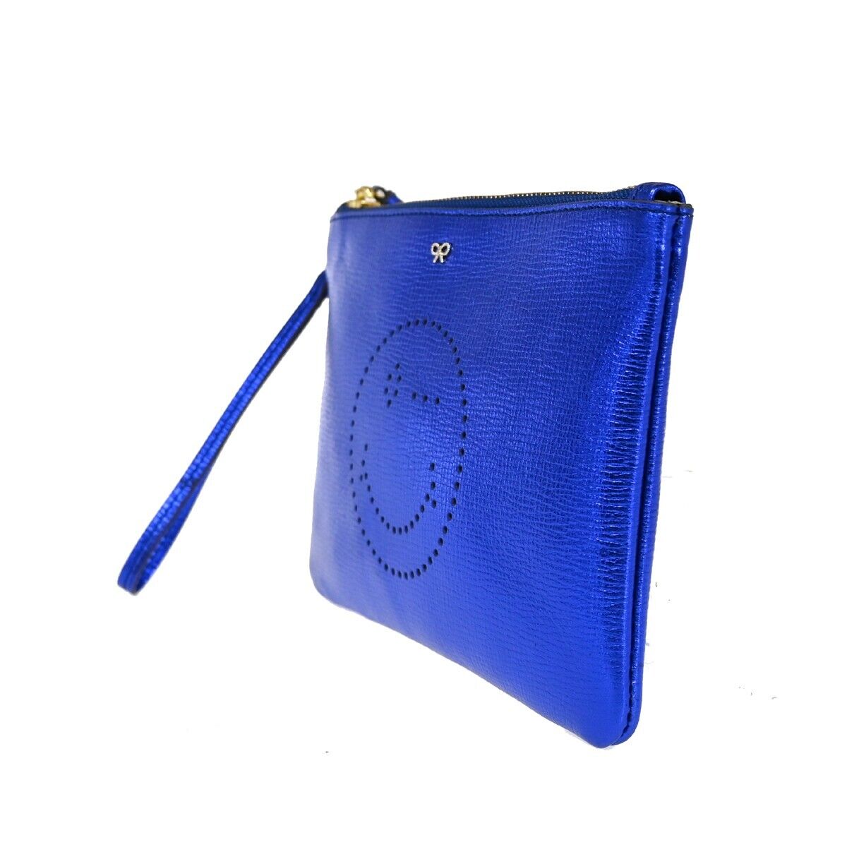 ANYA HINDMARCH Logo Smiley Wink Fringe Mini Clutch Hand Bag Leather Blue 02HB219