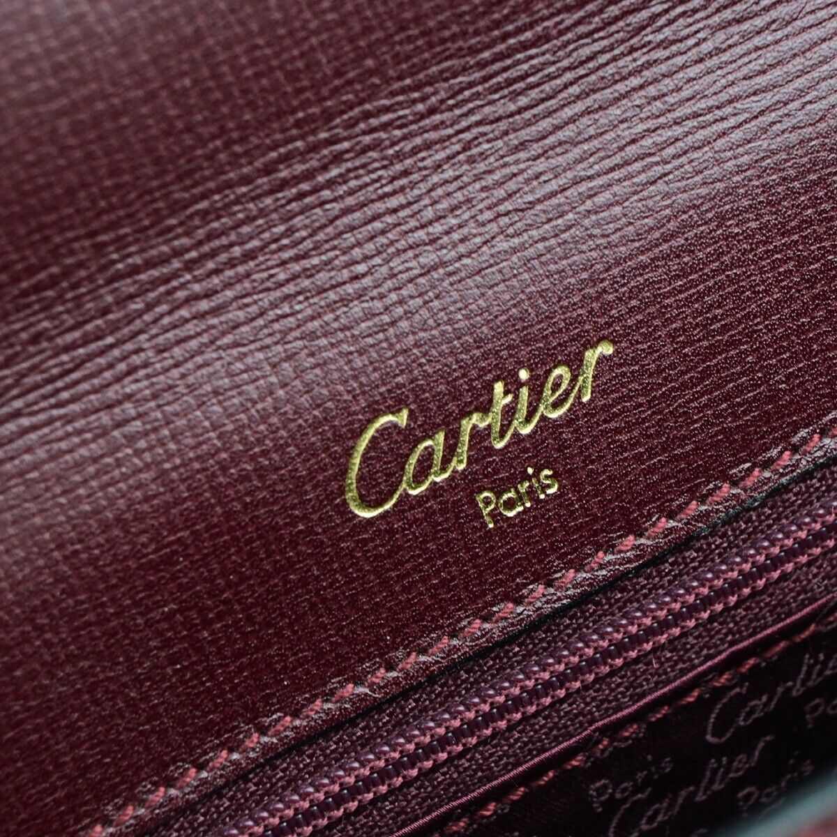 CARTIER 2C Logos Hand Bag Leather Bordeaux Gold-Plated Made In Spain 78EC825