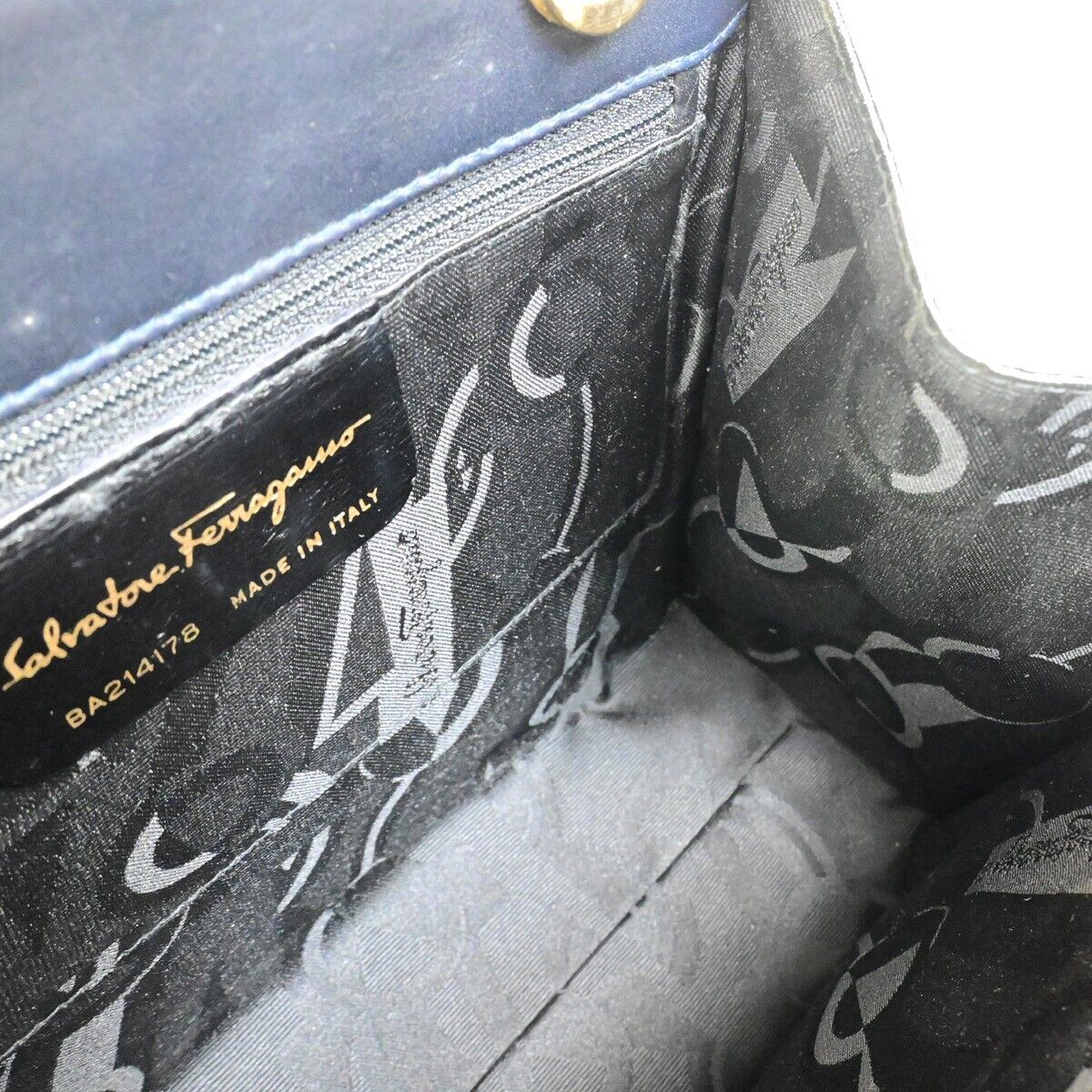 SALVATORE FERRAGAMO LOGO Vara 2Way Hand Bag Leather Canvas Navy Blue 65FA942