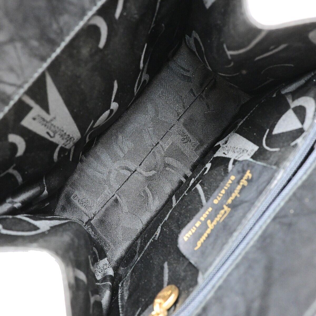 SALVATORE FERRAGAMO Logo Vara Hand Bag Canvas Leather Black Gold Italy 67ED785