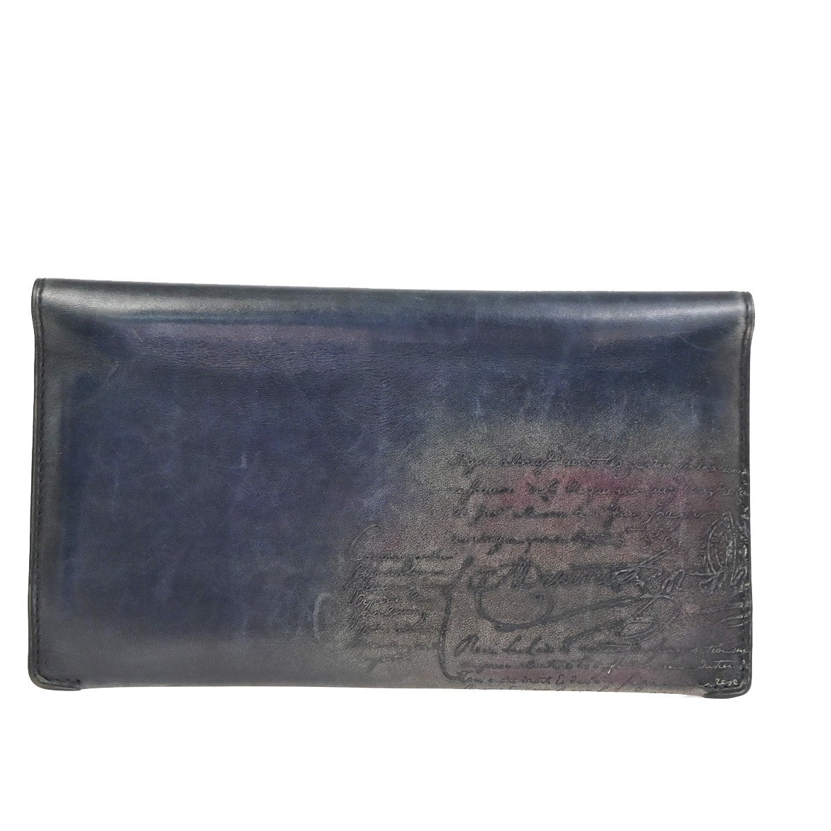 BERLUTI Logo Calligraphy Bifold Long Wallet Leather Patina Navy Blue 34KD078