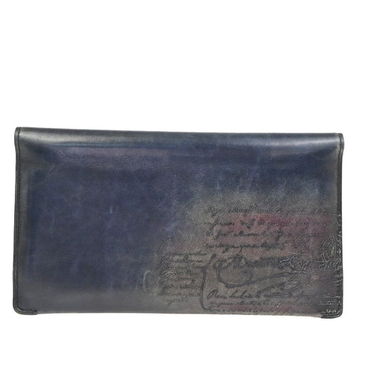 BERLUTI Logo Calligraphy Bifold Long Wallet Leather Patina Navy Blue 34KD078