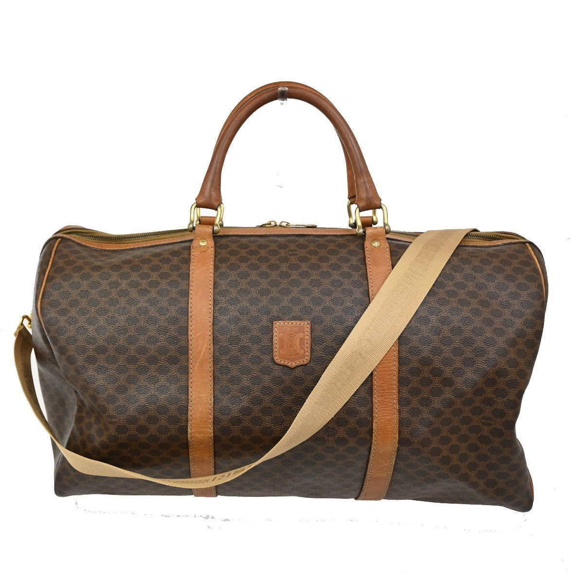 CELINE Logo Macadam Pattern Travel Hand Boston Bag PVC Leather Brown 32TA092