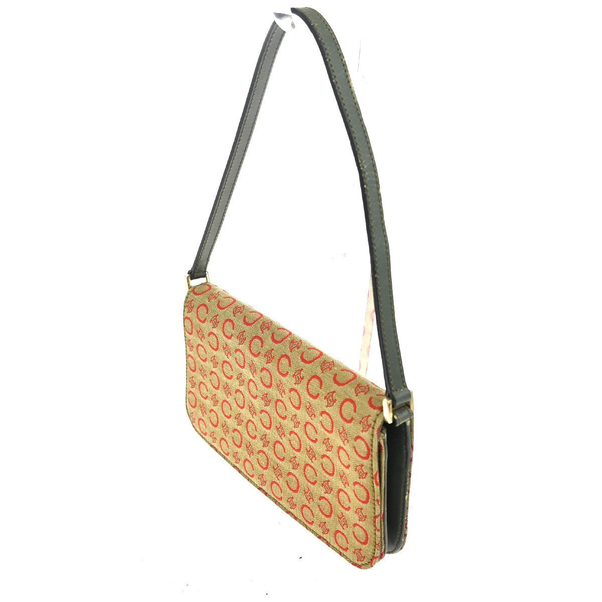 CELINE C Macadam Mini Shoulder Hand Bag Canvas Leather Green GHW 38TA468