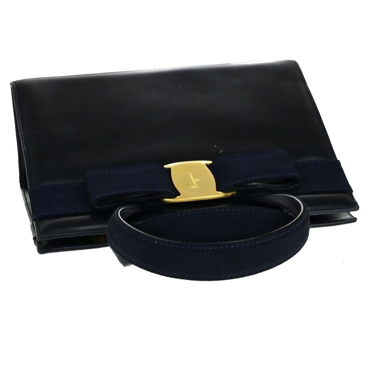 SALVATORE FERRAGAMO Vara Hand Bag Canvas Leather Navy Blue GHW Italy 66EB622