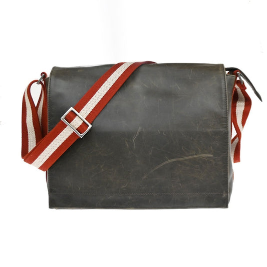 BALLY Logo Flap Shoulder Bag Canvas Leather Brown Red GHW Italy 07TA650