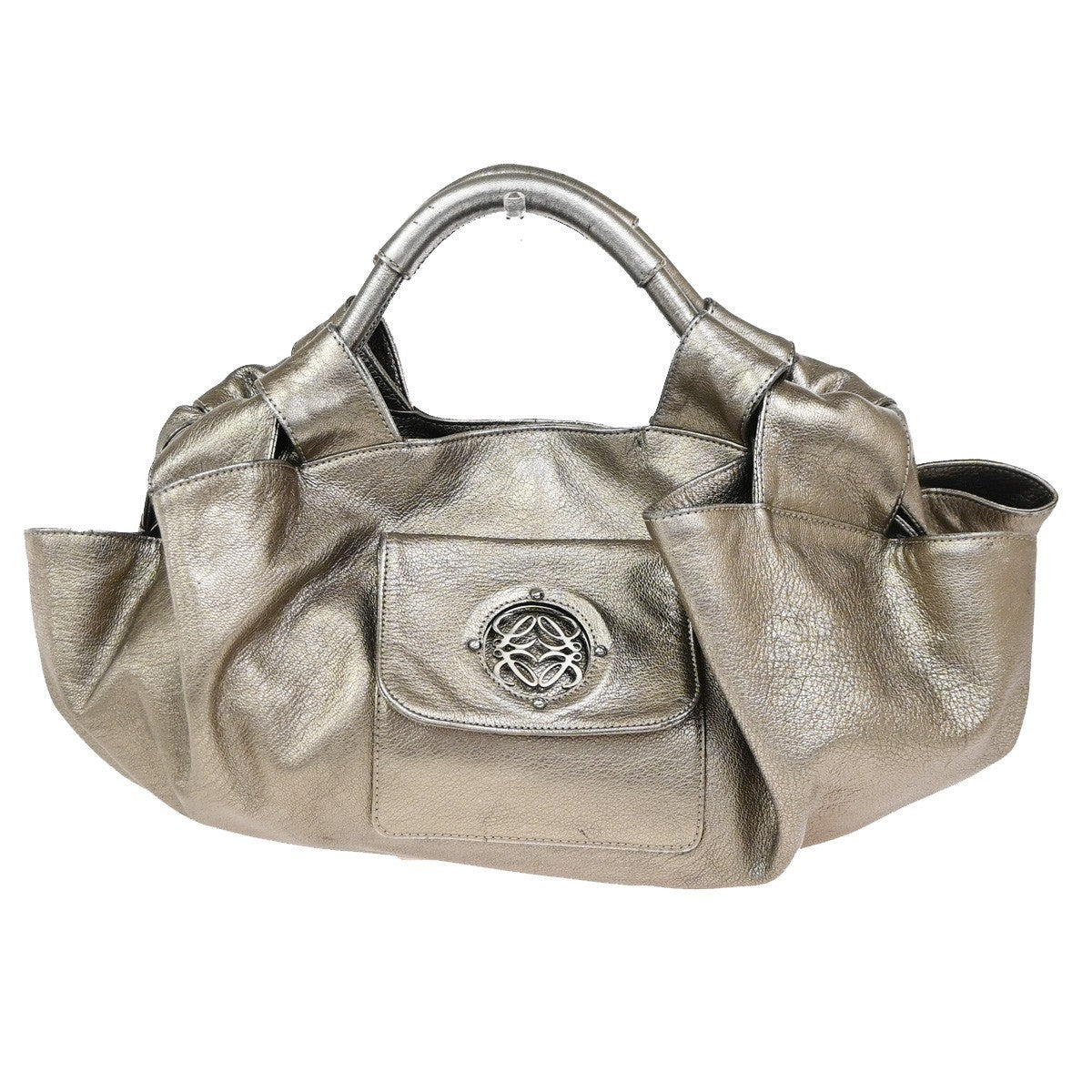 LOEWE Logo Nappa Aire Tote Hand Bag Leather Metallic Gray SHW Spain 80YH999