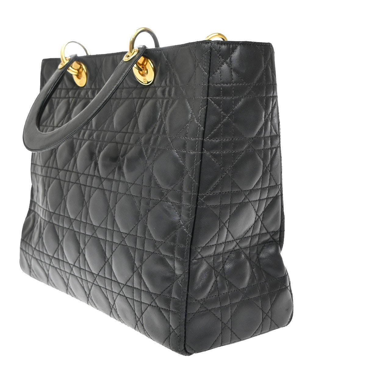 CHRISTIAN DIOR Lady Cannage Hand Tote Bag Leather Black Gold Italy 46RF672