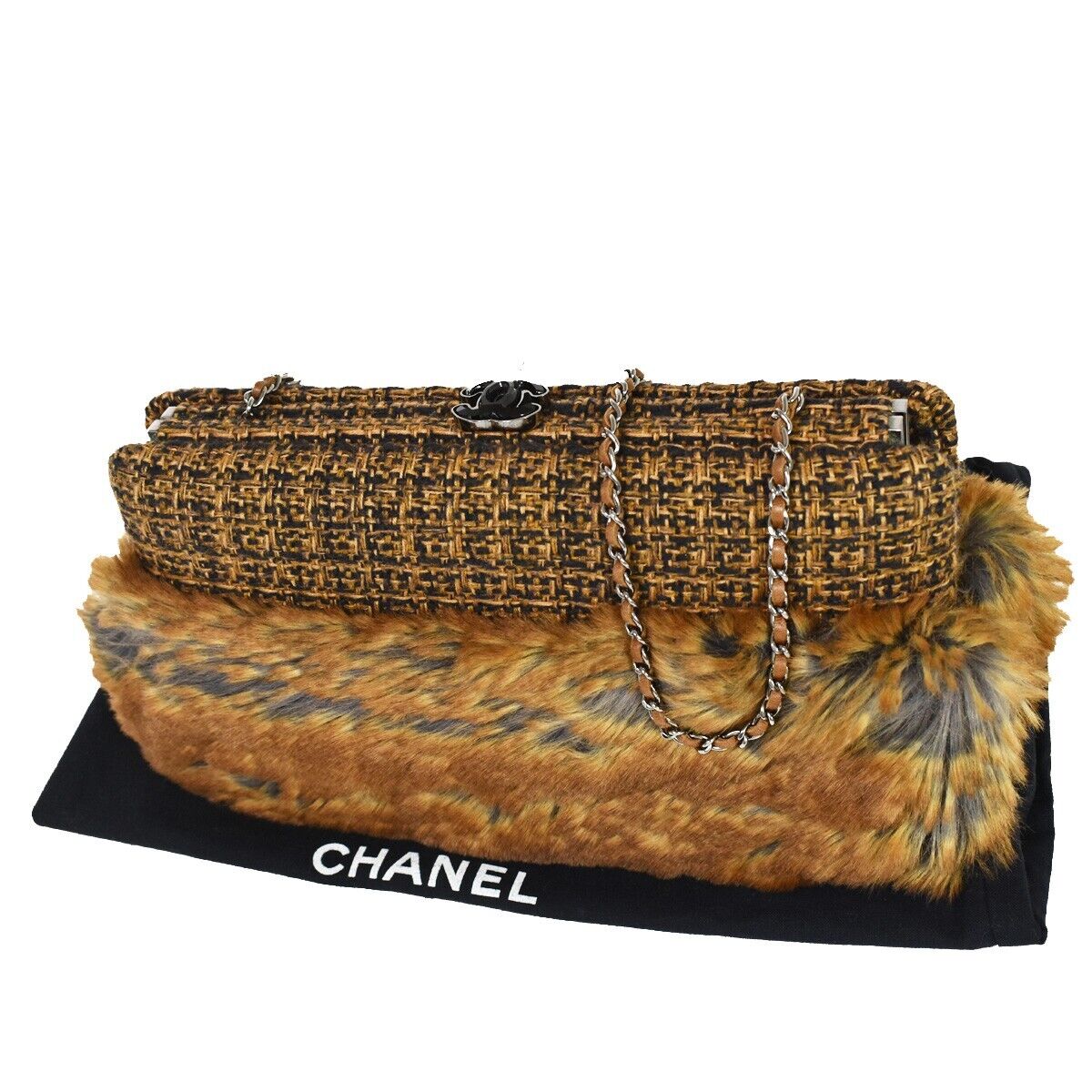 CHANEL CC Logo 2Way Chain Shoulder Clutch Bag Fur Wool Leather Brown 683LC294