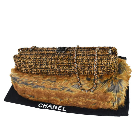 CHANEL CC Logo 2Way Chain Shoulder Clutch Bag Fur Wool Leather Brown 683LC294