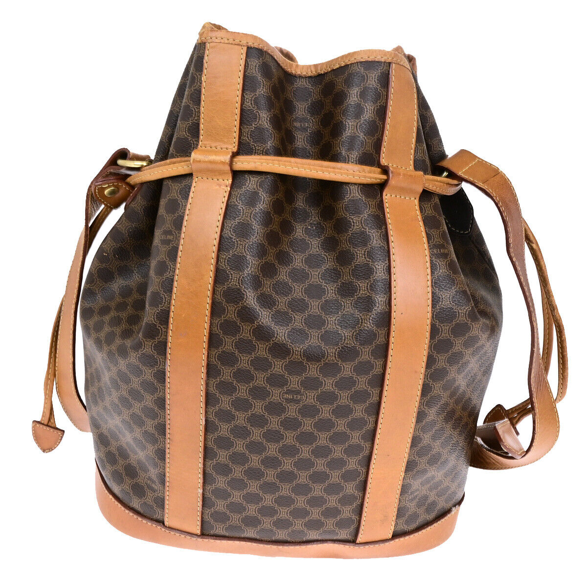 CELINE Logo Macadam Pattern Drawstring Shoulder Bag PVC Leather Brown 66YF091