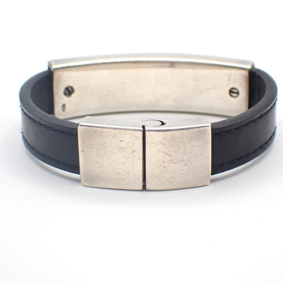 GUCCI Logo Bar Bracelet Bangle Leather Metal Black Silver925 Italy 01CA779