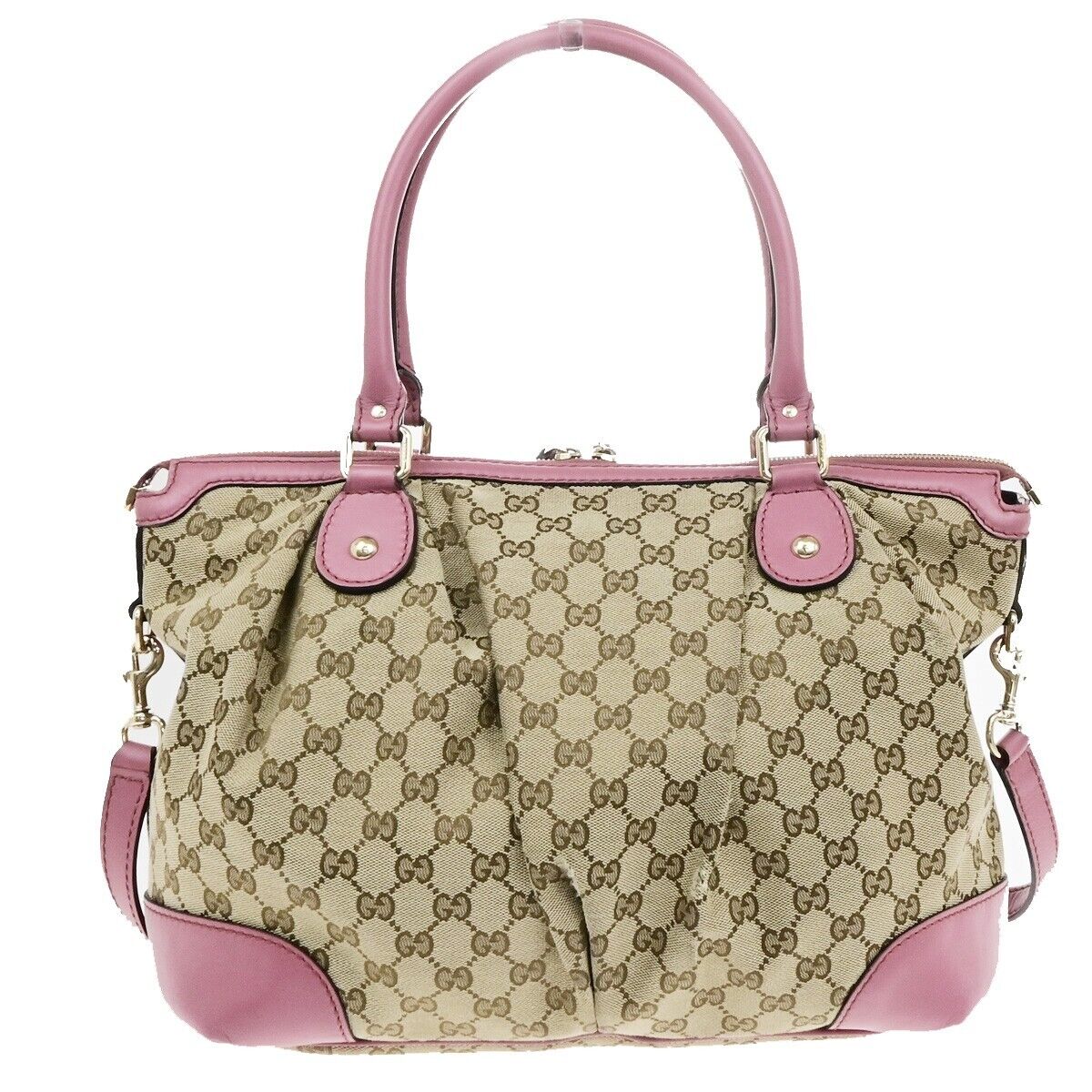 GUCCI Logo GG Pattern Shoulder Bag Canvas Leather Pink Brown GHW 32ED950