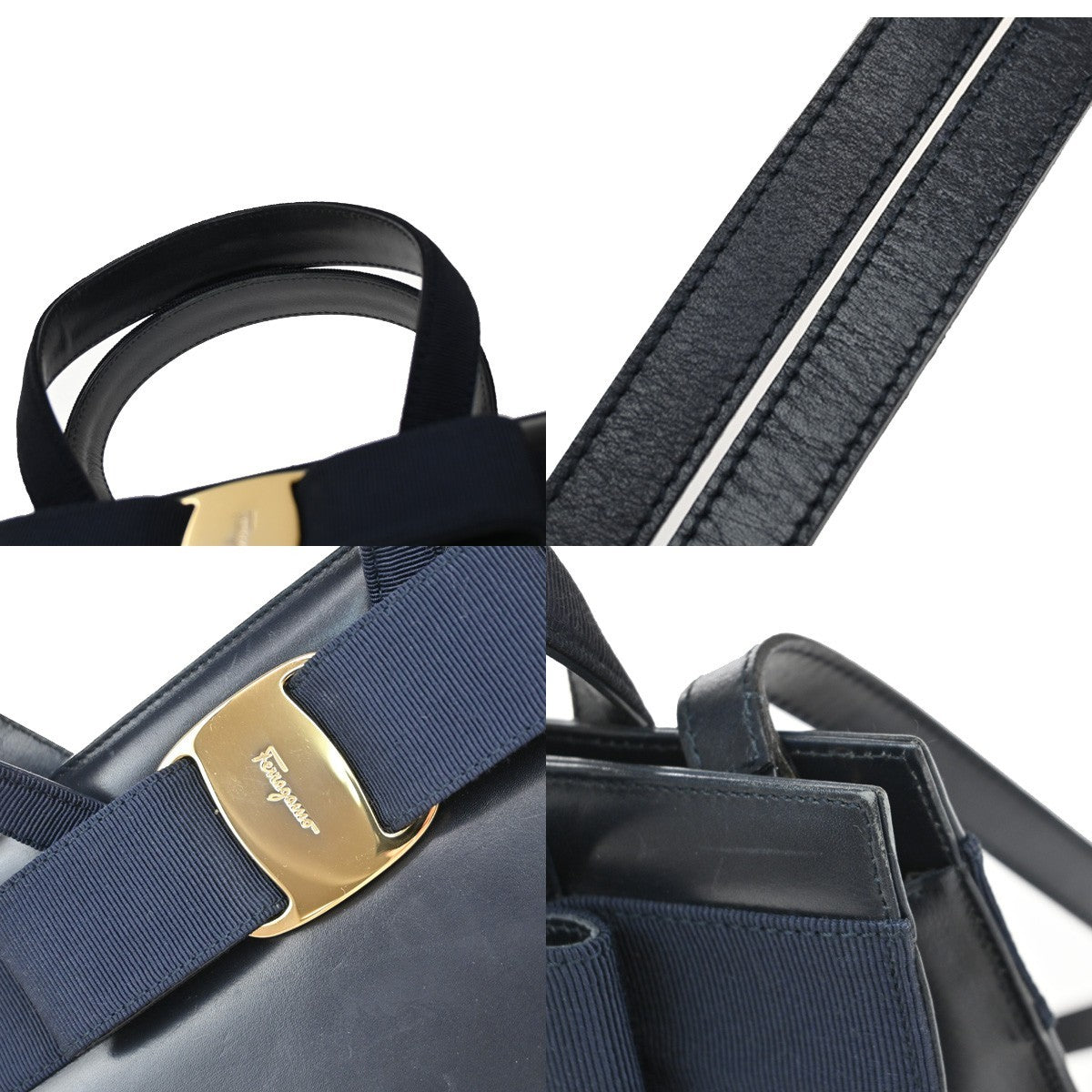 SALVATORE FERRAGAMO Vara 2Way Shoulder Hand Bag Canvas Leather Navy Blue 31EF372