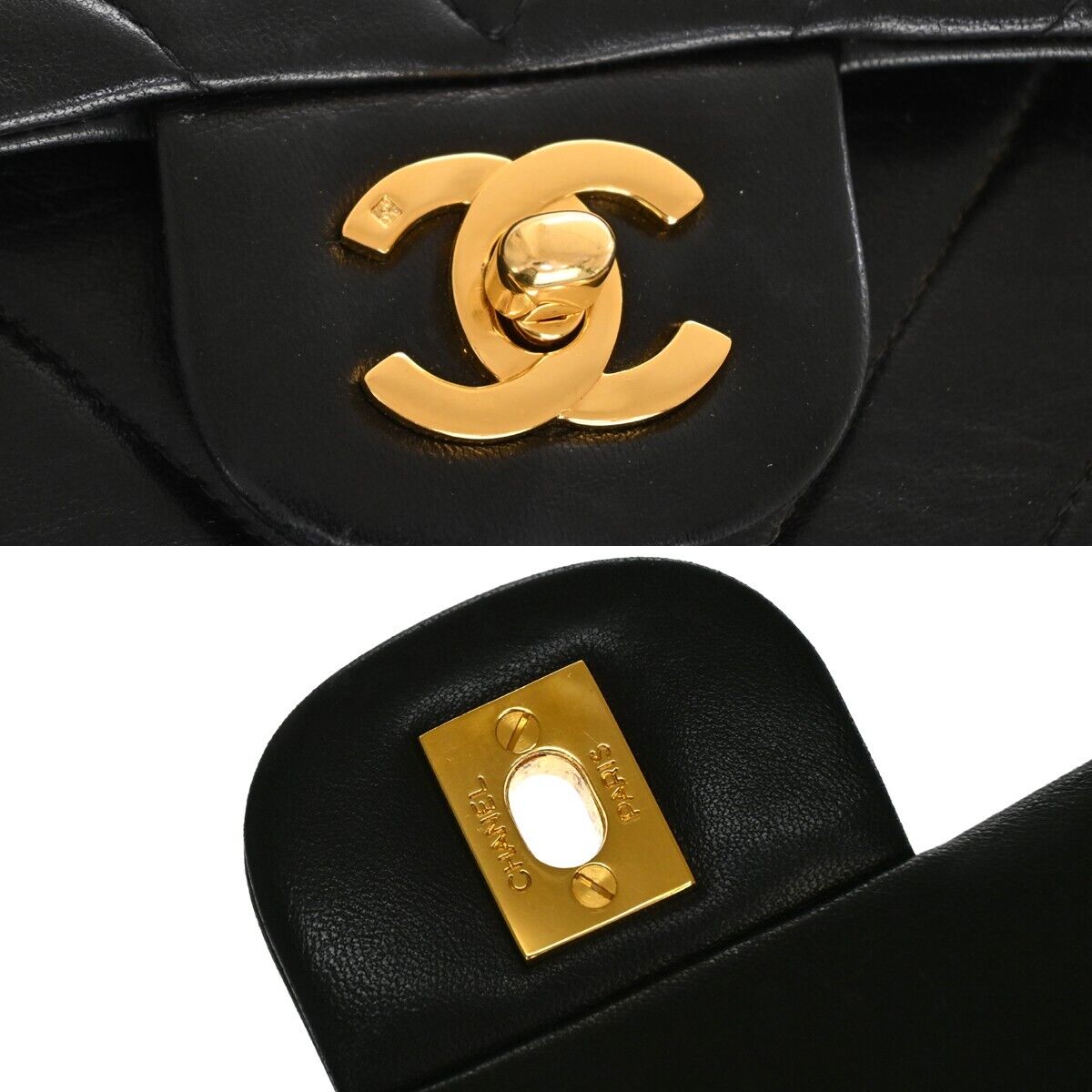 CHANEL CC Chevron Double Flap Chain Shoulder Bag Leather Black GHW VTG 153RJ052