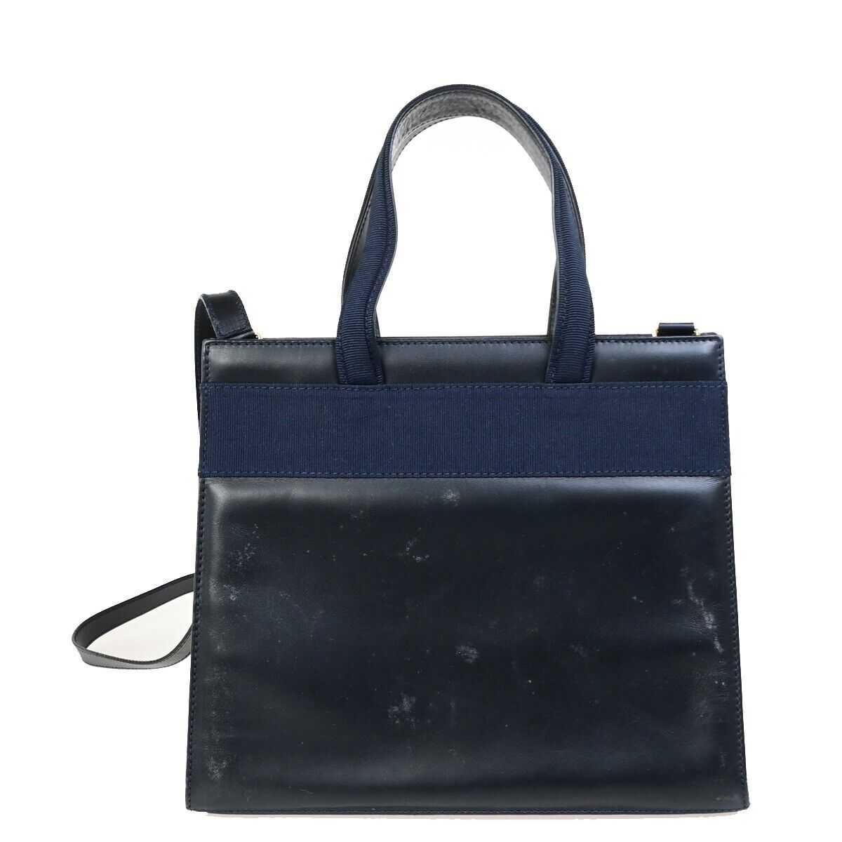 SALVATORE FERRAGAMO LOGO Vara 2Way Hand Bag Leather Canvas Navy Blue 65FA942