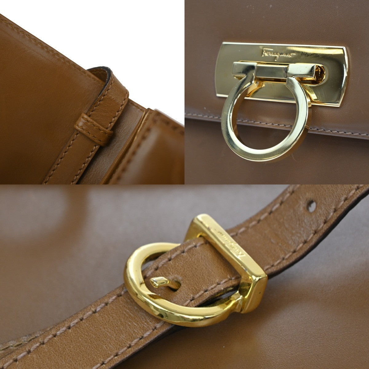 SALVATORE FERRAGAMO Logo Gancini 2Way Shoulder Bag Leather Brown GHW 04CA366
