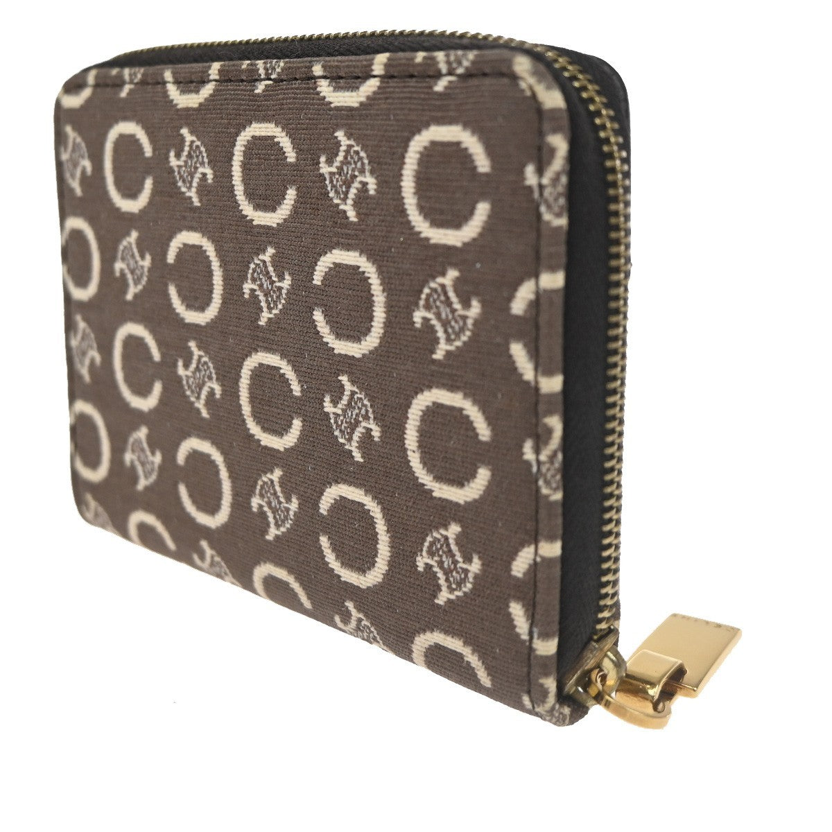 CELINE Logo Macadam Pattern Mini Zipper Wallet Canvas Leather Brown GHW 68TA454