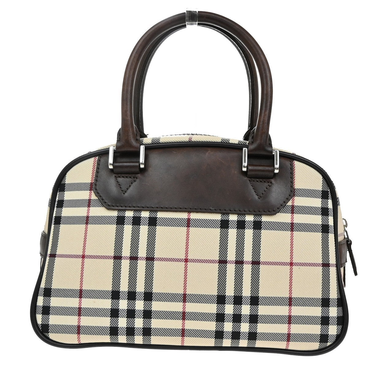 BURBERRY Logo Nova Check Hand Bag Canvas Leather Brown Silver 38KB493