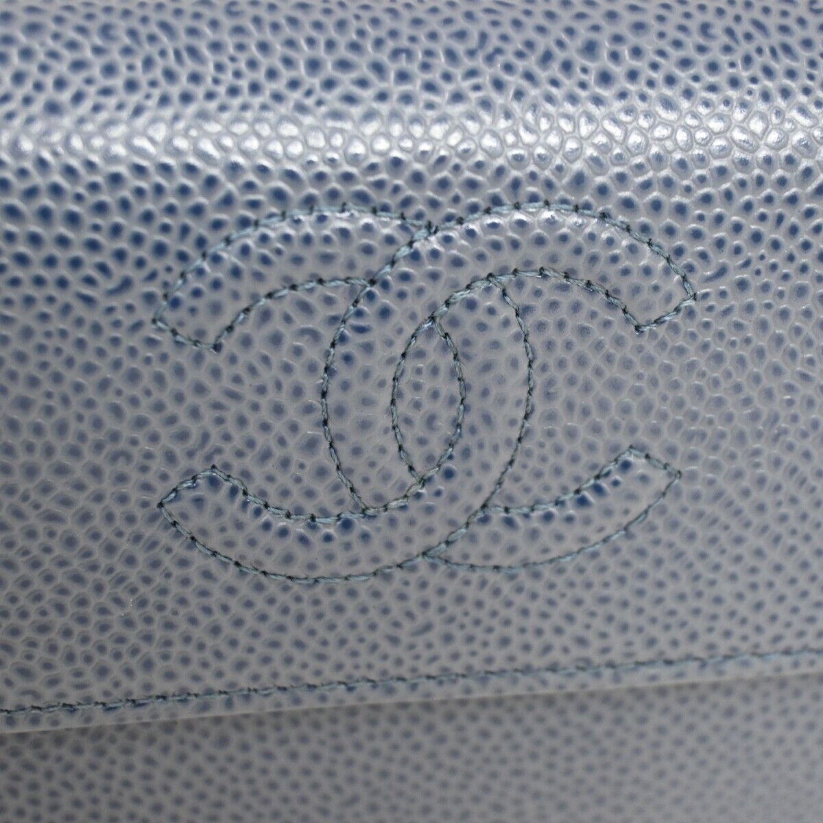 CHANEL CC Logo Long Wallet Purse Caviar Skin Leather Blue SHW 72RF120