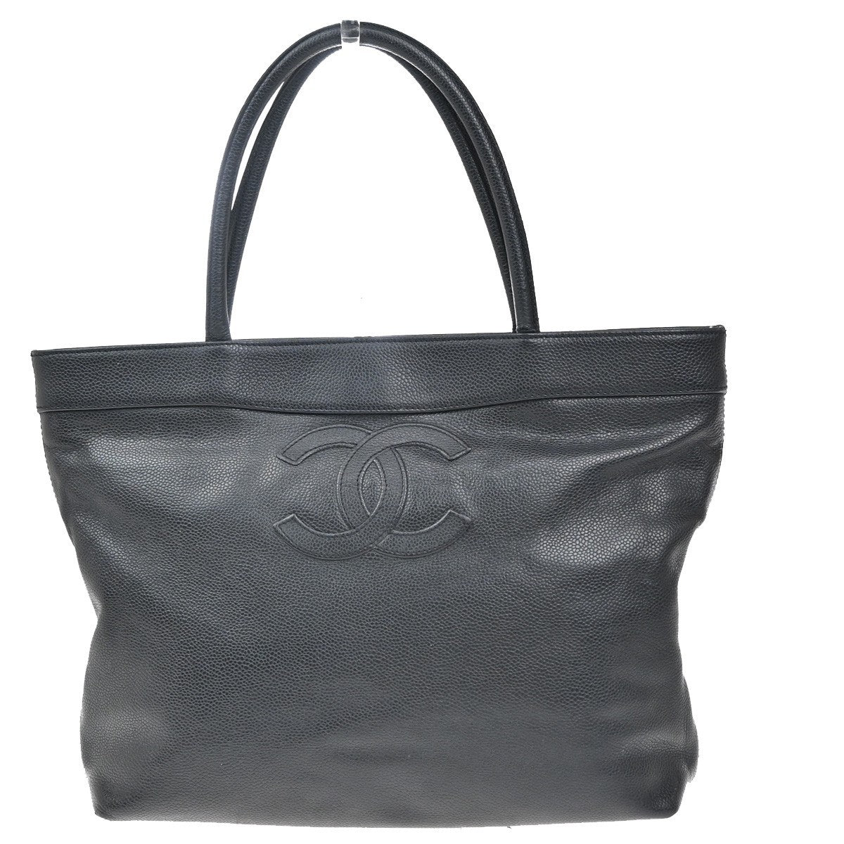 CHANEL CC Logo Shoulder Tote Bag Grained Calfskin Leather Black Italy 20KP360