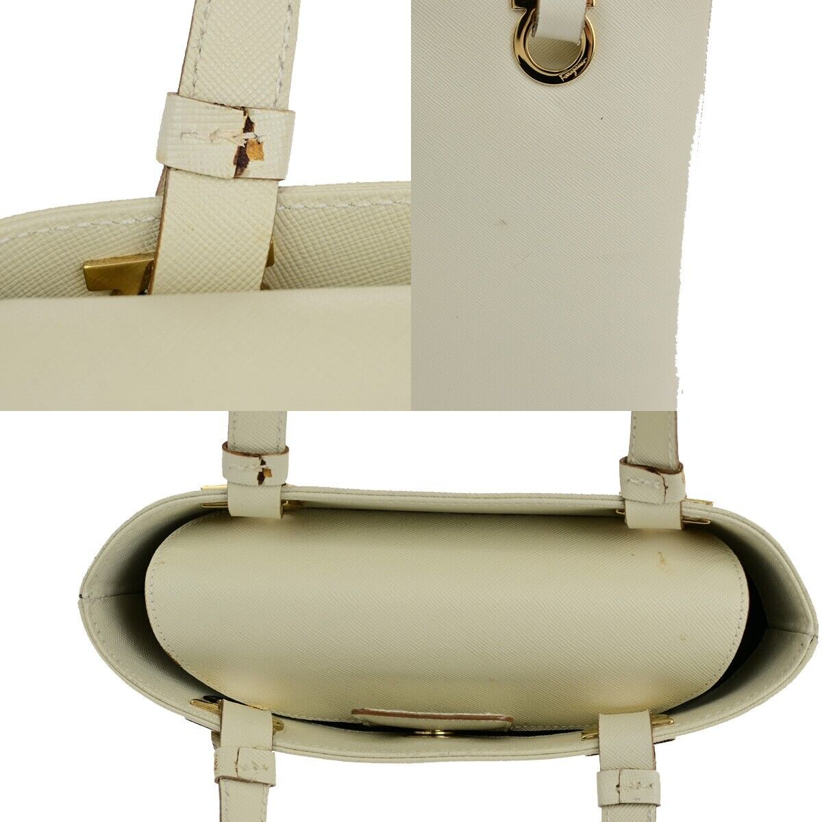 SALVATORE FERRAGAMO Logo Gancini Hand Bag Leather White Gold Italy 68SJ152