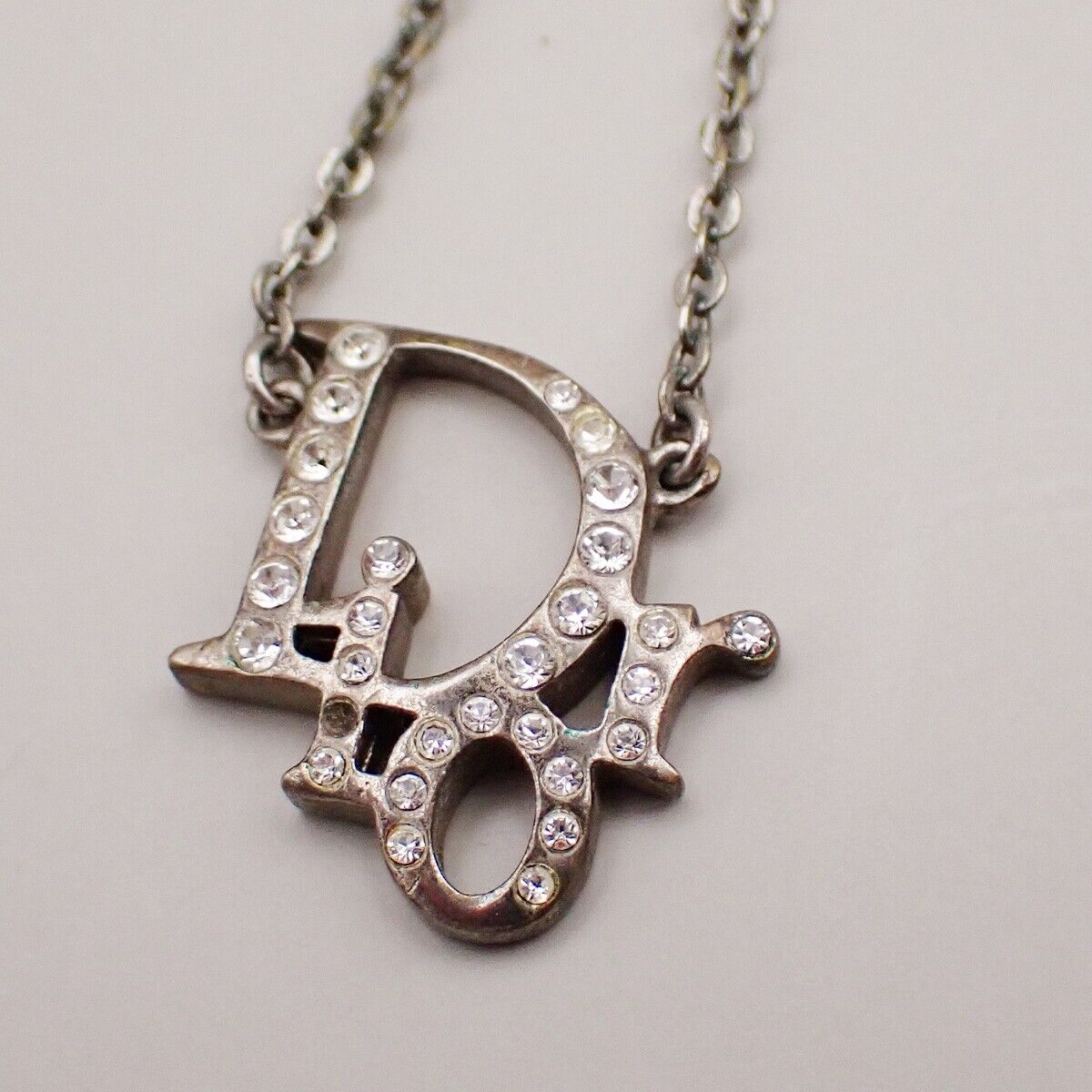 CHRISTIAN DIOR CD Logo Rhinestone Pendant Necklace Charm Silver 05YG841