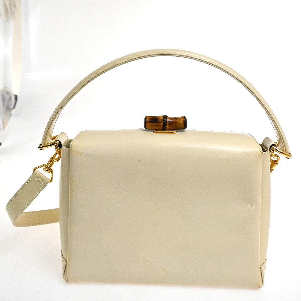 GUCCI Logo Bamboo 2Way Shoulder Hand Bag Leather Beige GHW Italy 34CA516