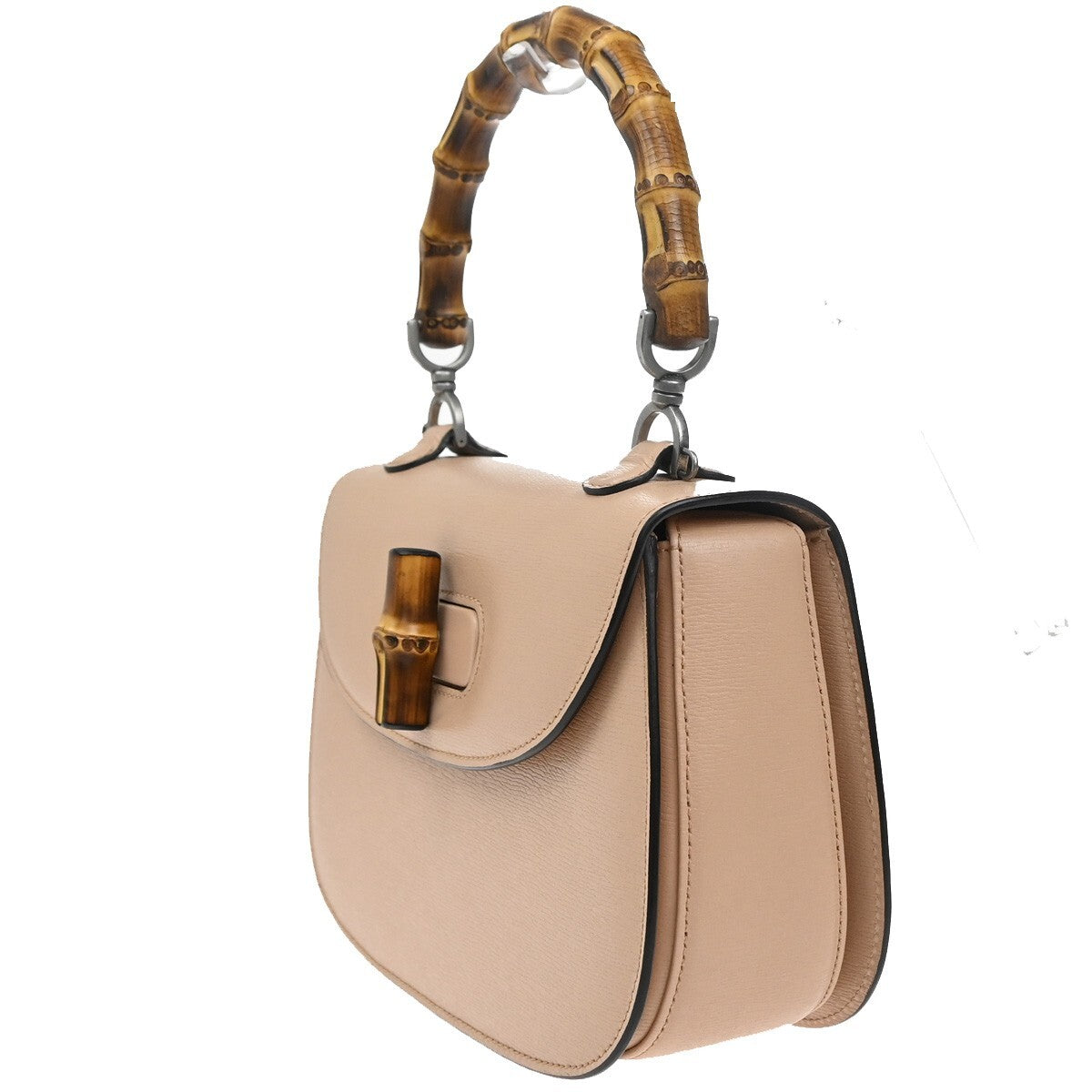 GUCCI Logo Bamboo 2Way Shoulder Hand Bag Leather Beige Silver Italy 669RL142