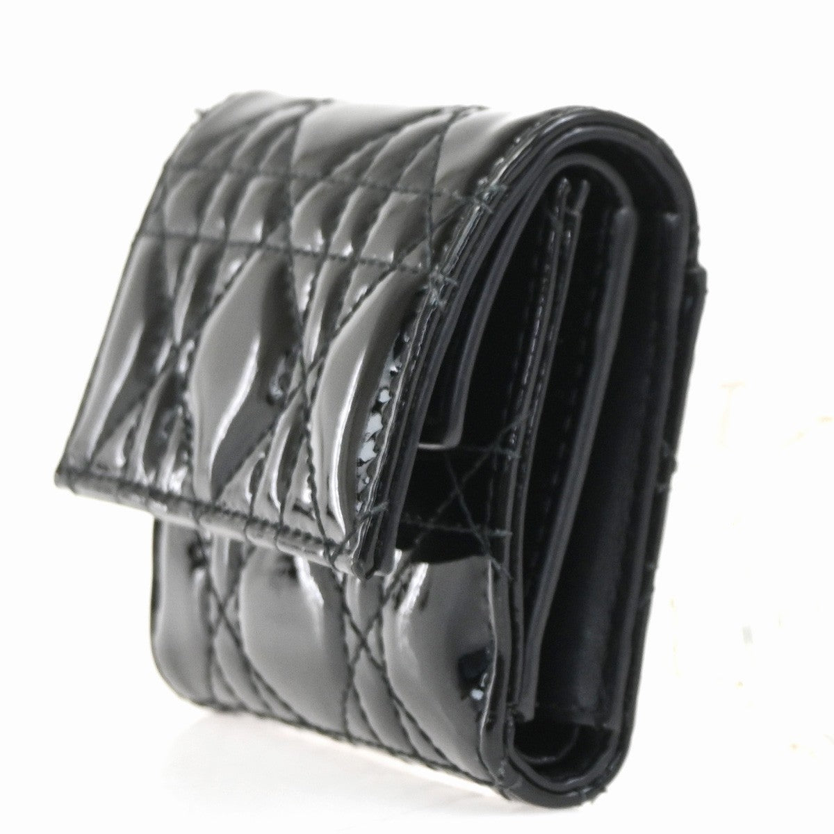 CHRISTIAN DIOR Logo Cannage Trifold Compact Wallet Patent Leather Black 34KC613